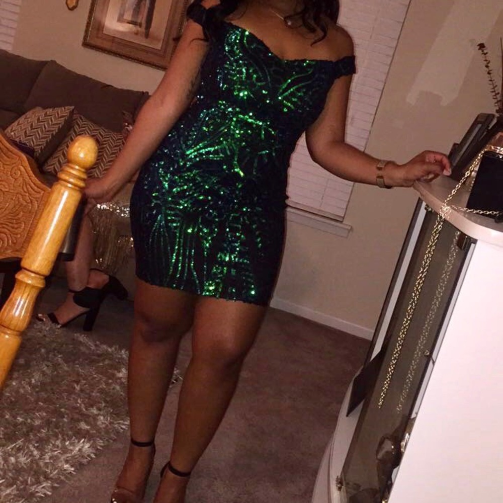 Green Sequin Off the Shoulder Midi Dress